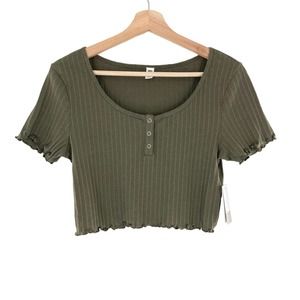BP. Nordstrom Pointelle Crop Henley Tee Scoop Neck Short Sleeve Olive Green